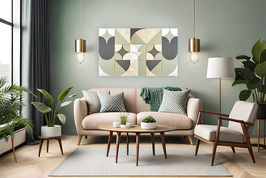 Modern living room with a beige sofa, wooden coffee table, and decorative wall art consisting of 15 panels (each 10in by 10in) that create a modern vibe.